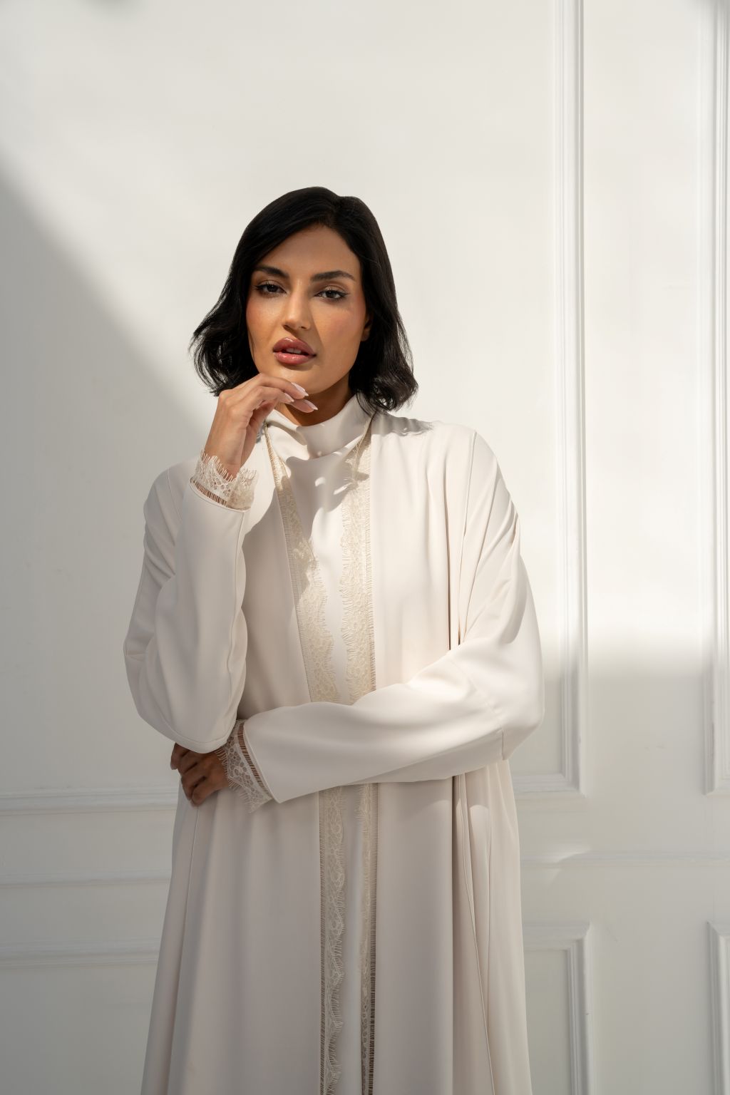 Selected Lines Ivory Abaya for women with elegant lace detailing and a modern silhouette
