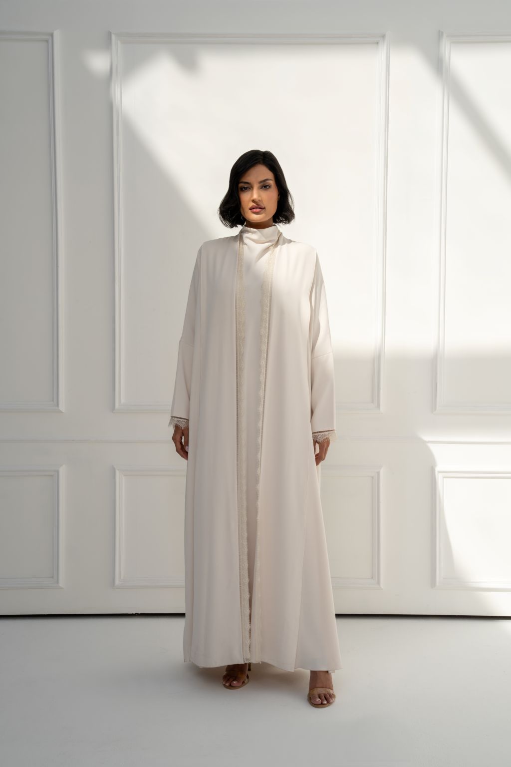 Selected Lines Ivory Abaya for Women with a minimalist design and elegant silhouette