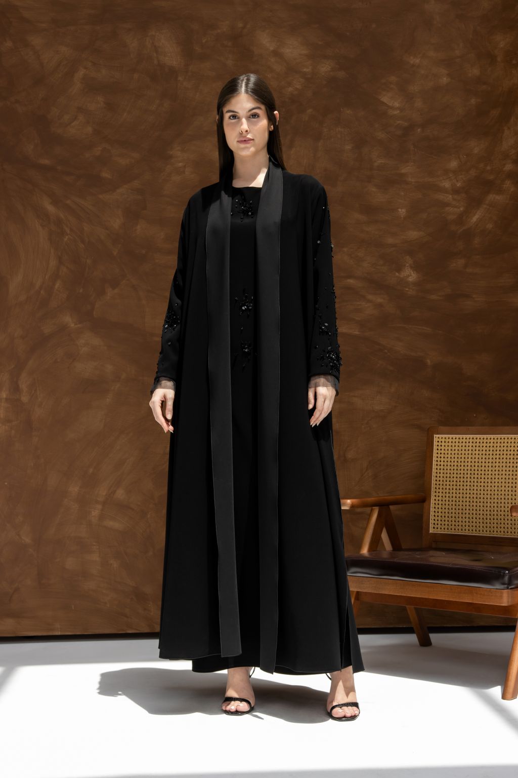 Selected Lines La Lueur abaya Set in black with elegant bead detailing and open front design