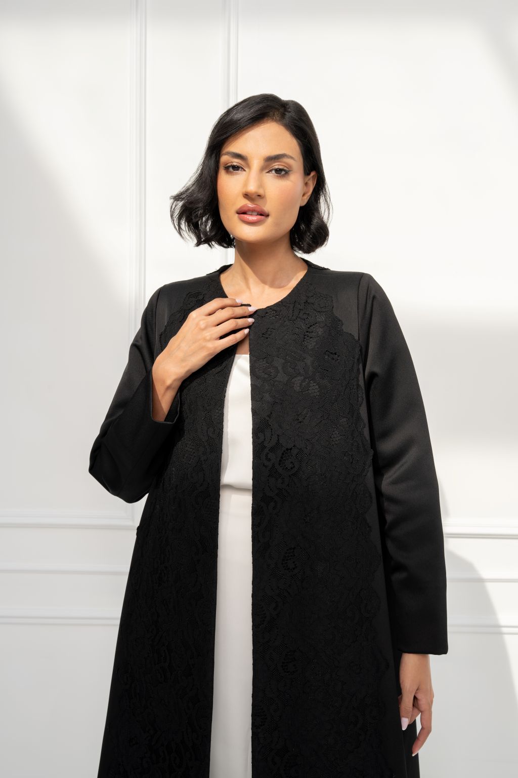 Selected Lines luxury black lace Duntel abaya for women with elegant design and chic fit