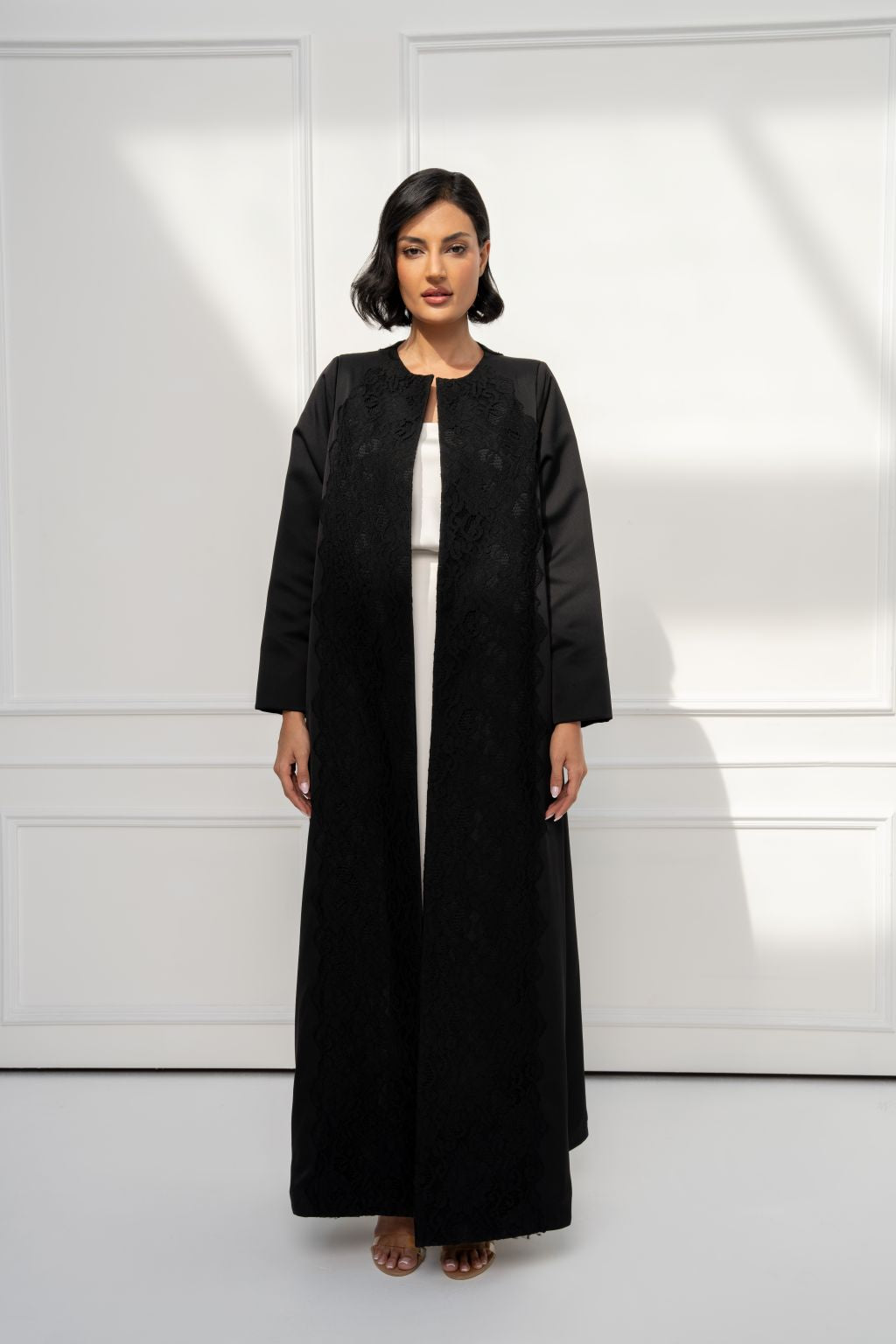 Selected Lines luxury black lace Duntel abaya for women with long sleeves and elegant design