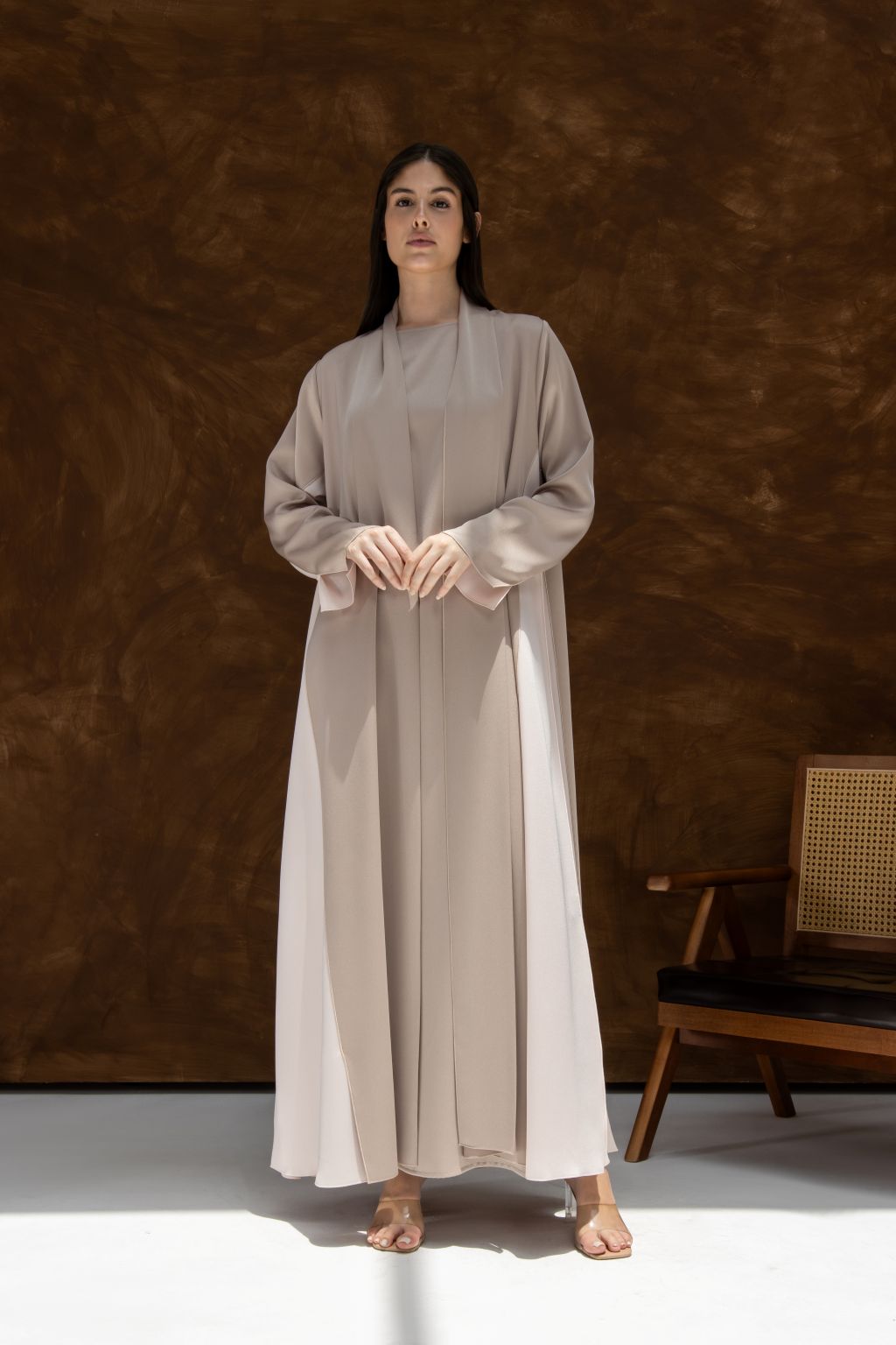 Luxury Duo Dunes abaya for women by Selected Lines in soft beige with long sleeves and flowing design