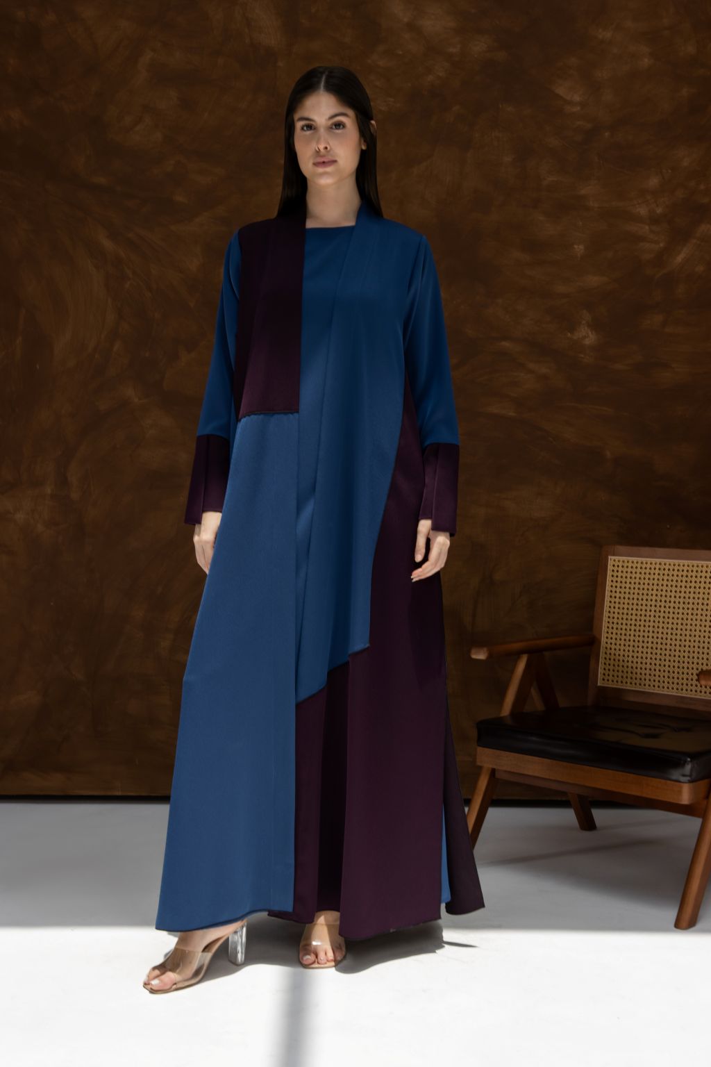 Luxury HueLine blue abaya by Selected Lines featuring color-block design with navy and deep purple panels