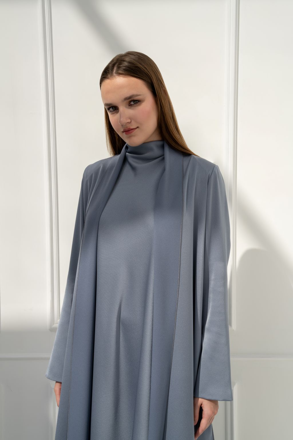 Selected Lines Luxury Modest Dress for Women in Soft Gray with Elegant Design and Flowy Silhouette