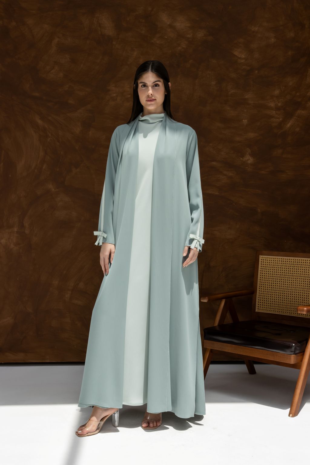 Selected Lines luxury modest Fionka Belle abaya in soft pastel with full sleeves and bow details