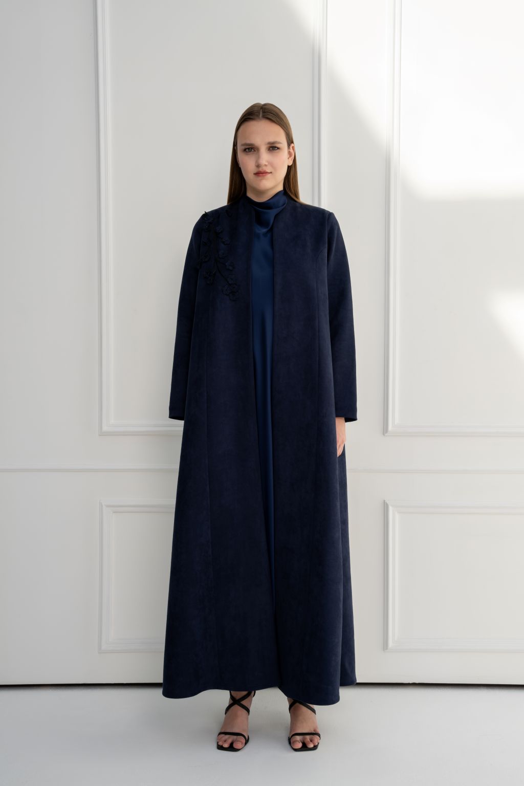 Selected Lines luxury navy blue Shamwa abaya with elegant design and stylish silhouette for a chic look