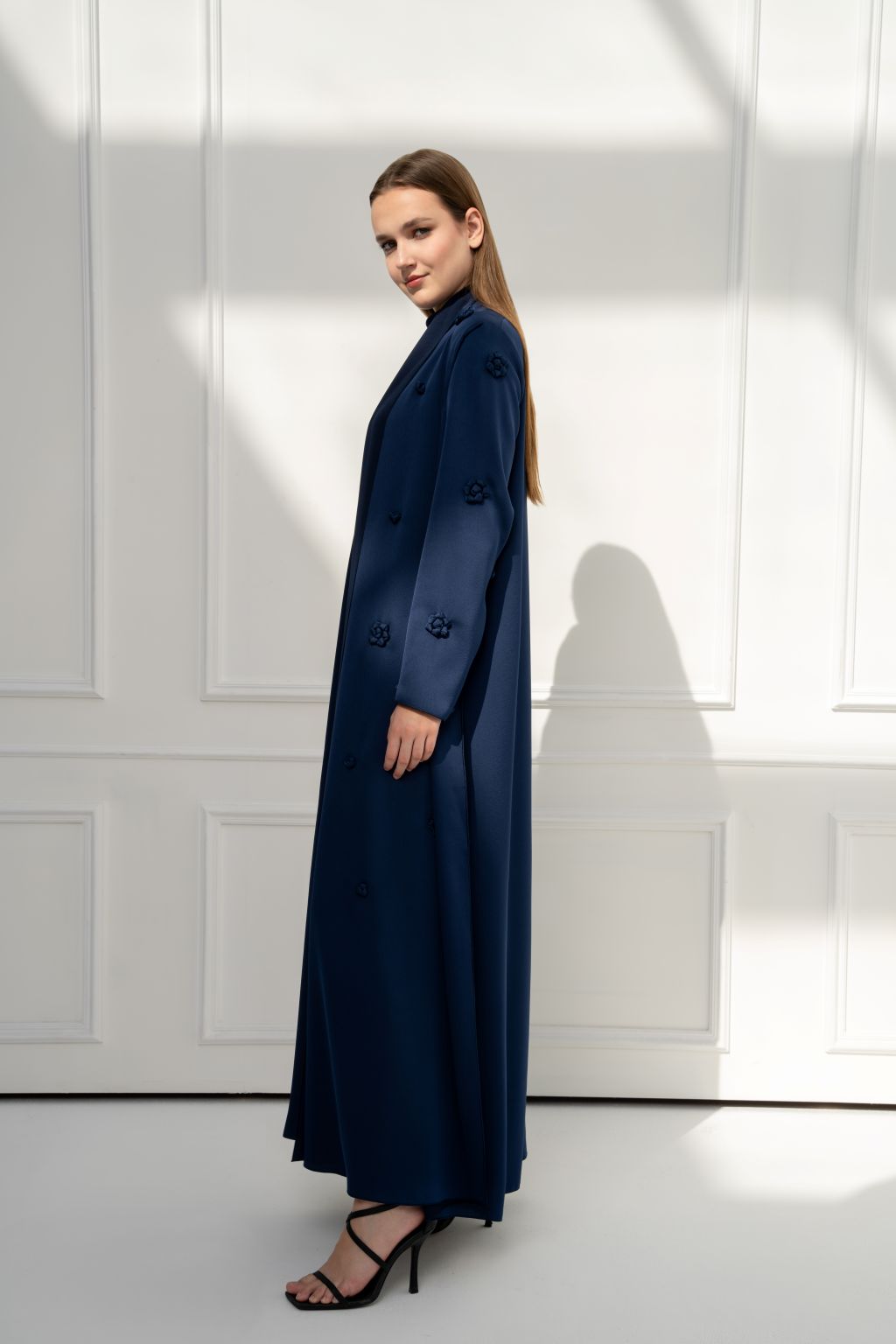 Selected Lines luxury navy long coat for women with elegant design and structured silhouette