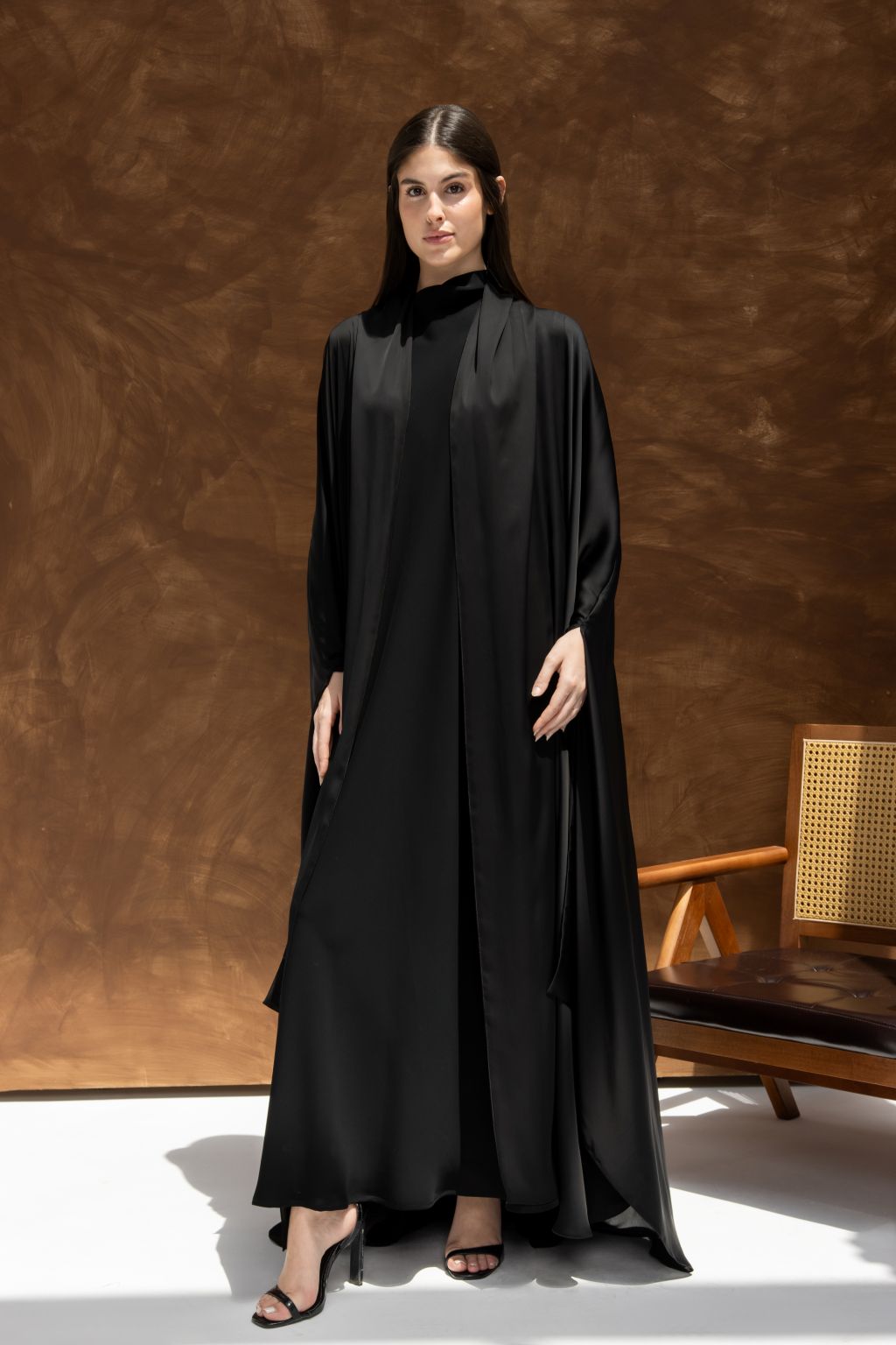 Elegant luxury silk abaya in black, designed for a refined and sophisticated look