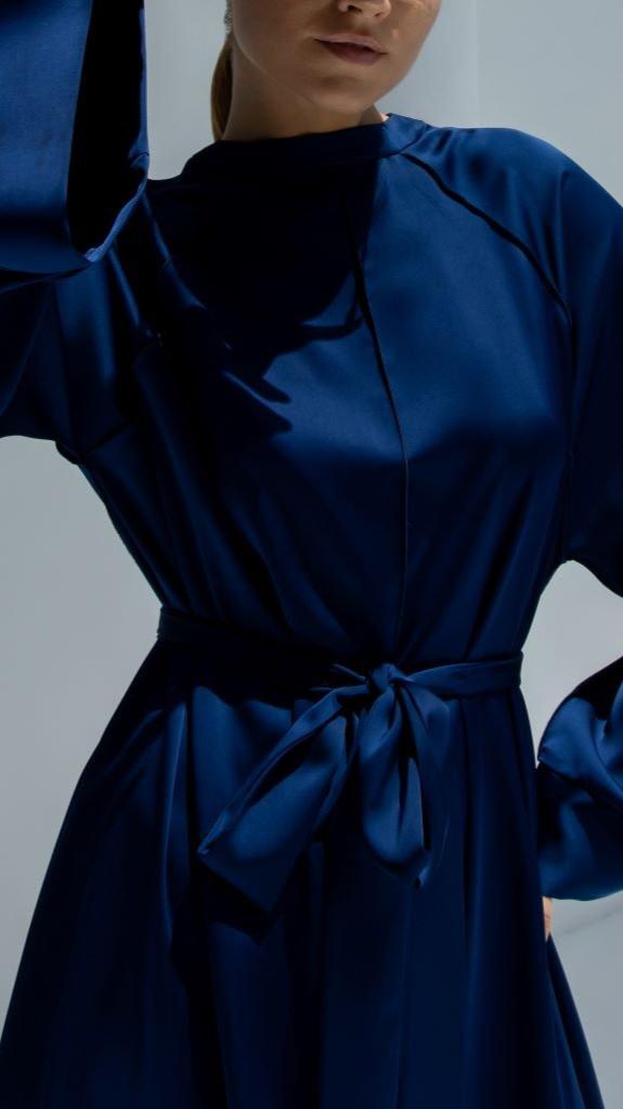 Selected Lines luxury silk belt dress in navy with elegant long sleeves and a stylish tie waist