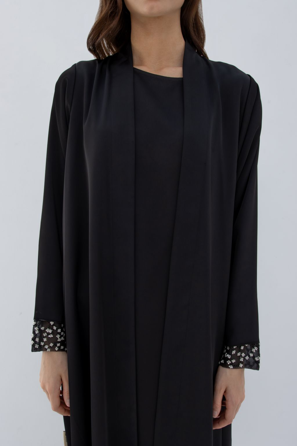 Selected Lines luxury silver crystal abaya in black with crystal embellished cuffs for elegant wear