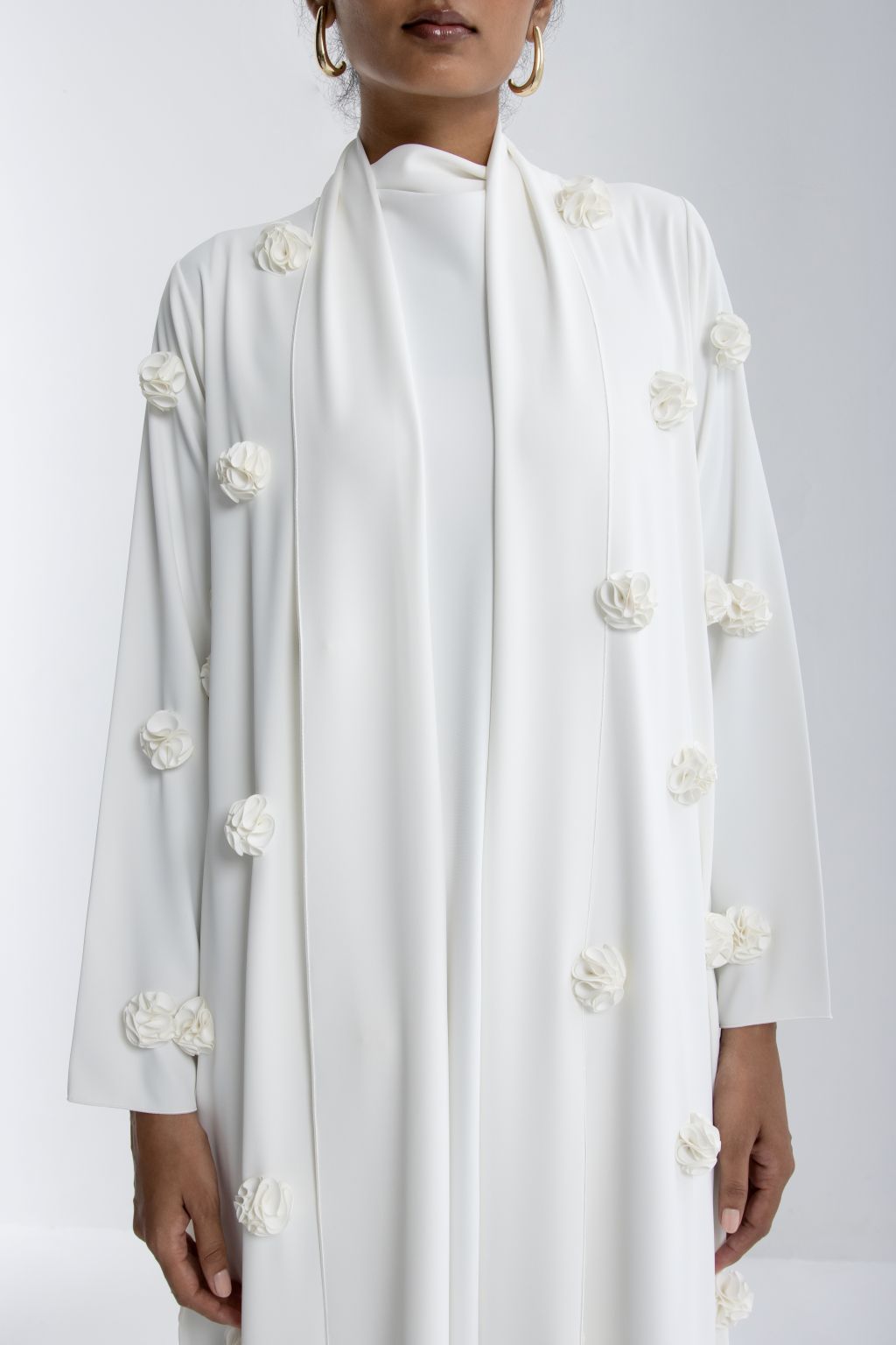 Luxury white abaya with rose embroidery featuring elegant floral details for a sophisticated look