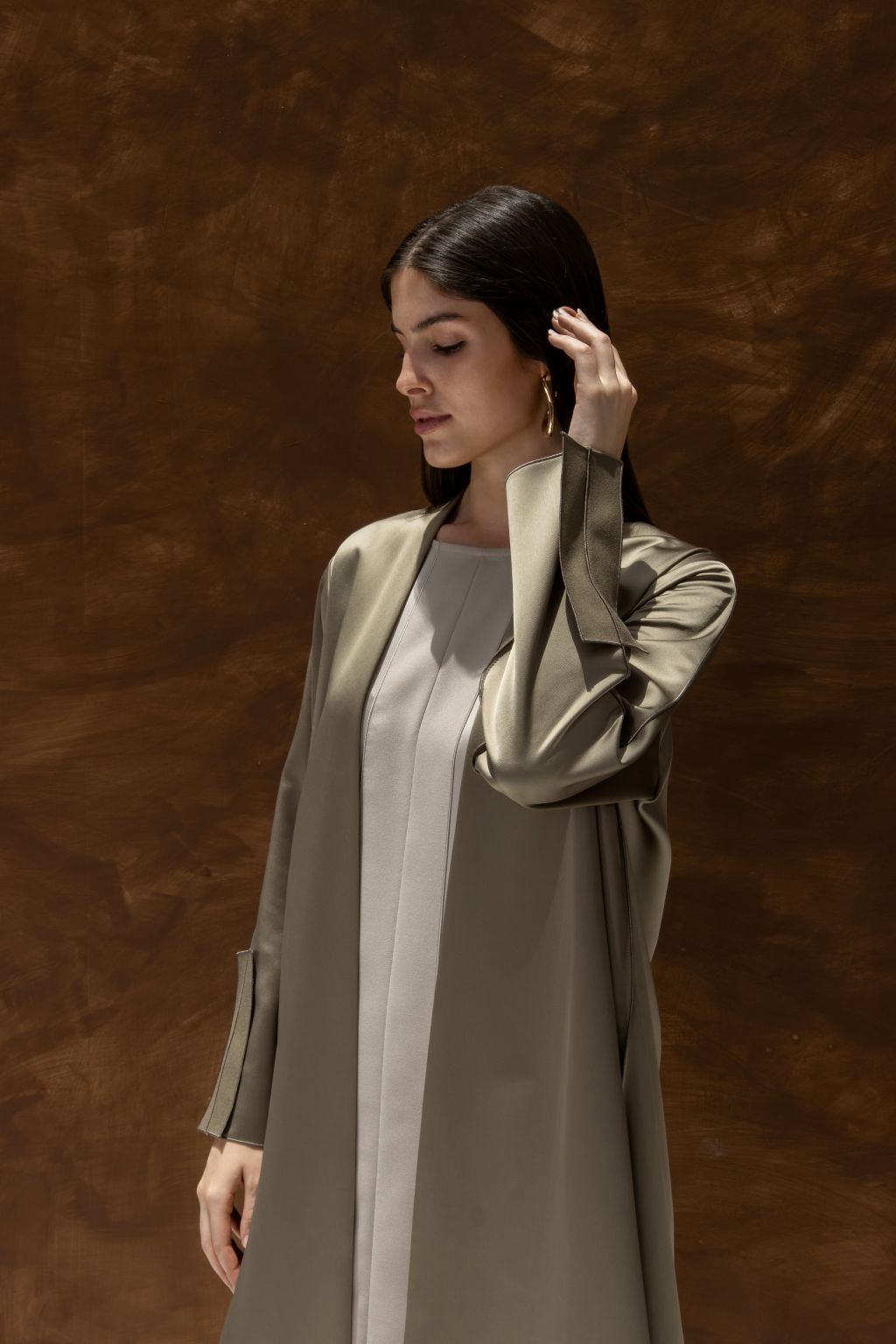 ModiSquare luxury abaya for women in beige with long sleeves and open front design by Selected Lines
