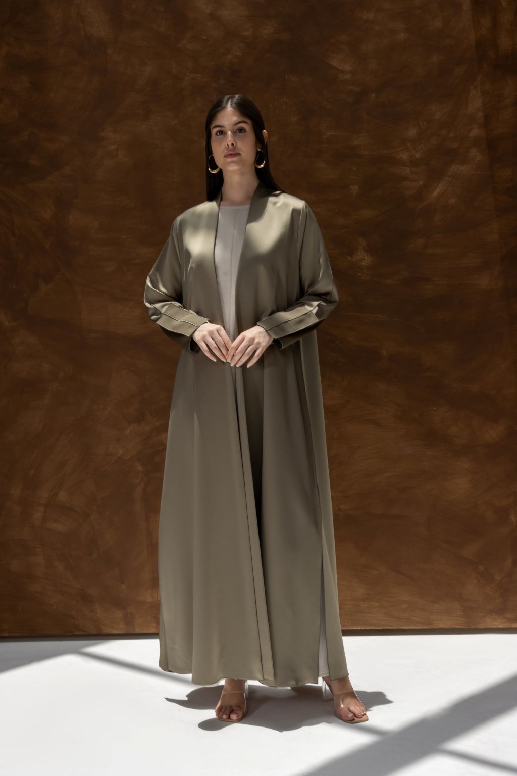 ModiSquare luxury abaya for women by Selected Lines in olive green long flowy design