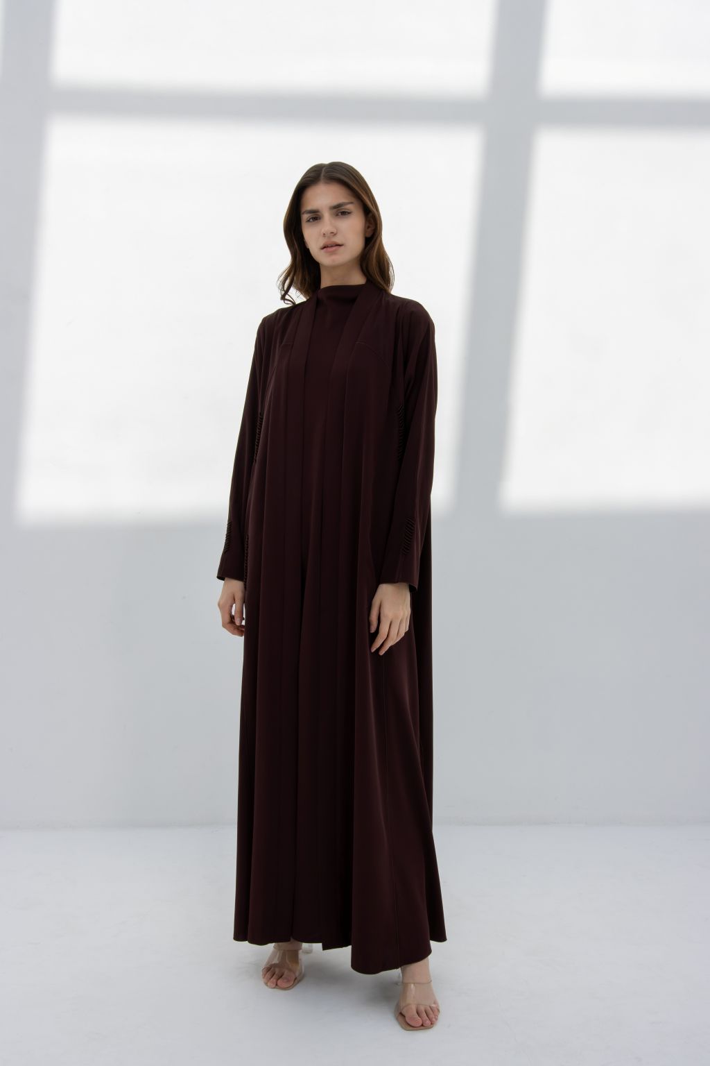 Elegant premium handcrafted abaya in deep brown with a flowing design for stylish modest wear