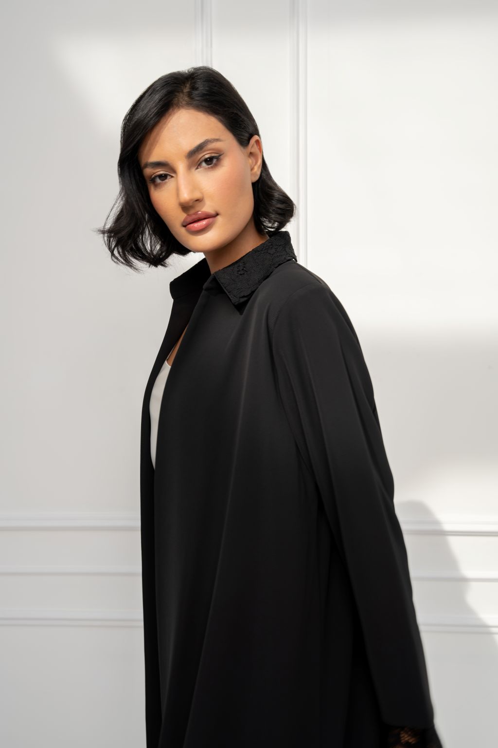 Selected Lines Solenne collar abaya in elegant black with a chic collar design for stylish coverage.