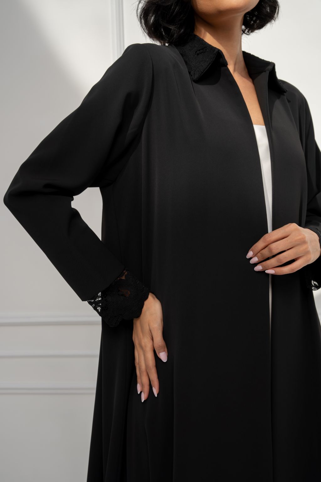 Selected Lines Solenne collar abaya in elegant black with lace detailing on cuffs for a chic look