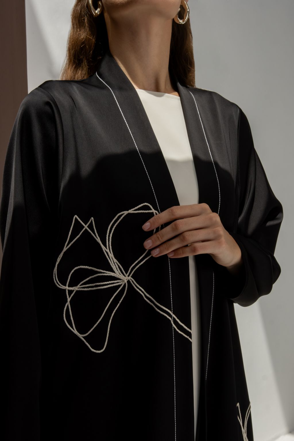 Threaded Bloom floral abaya for women by Selected Lines in black with white floral embroidery