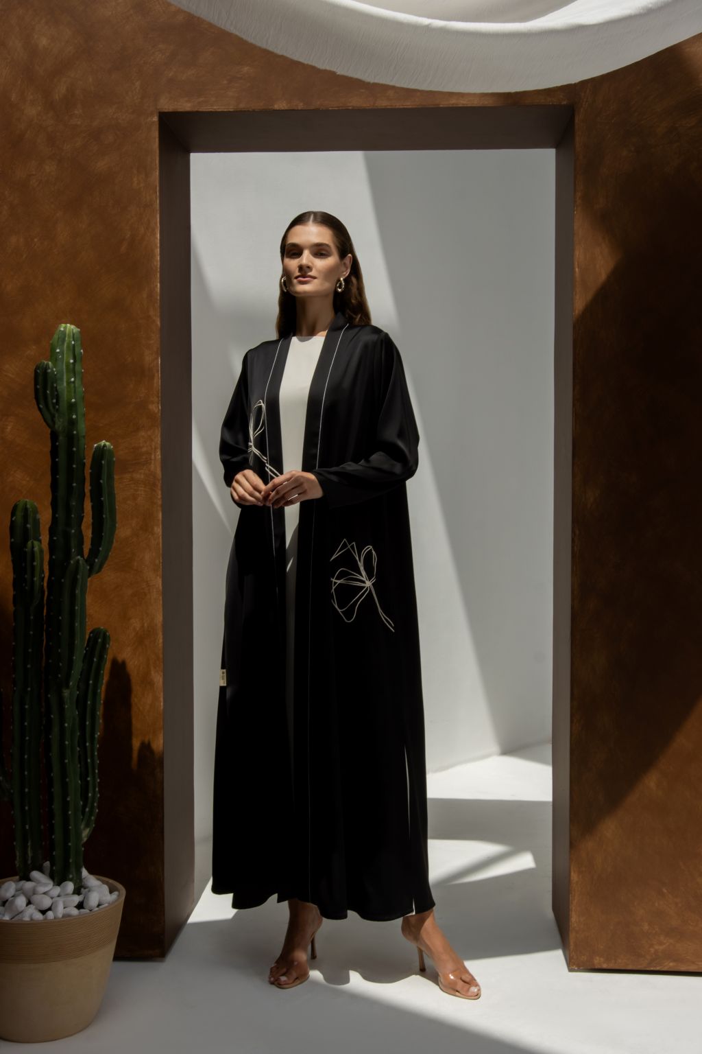 Selected Lines black threaded Bloom floral abaya for women with long sleeves and open front design