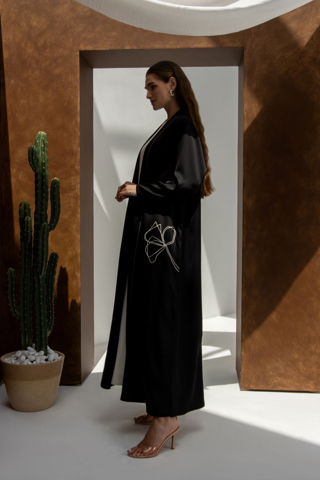 Selected Lines black threaded Bloom floral abaya for women with long sleeves and elegant design