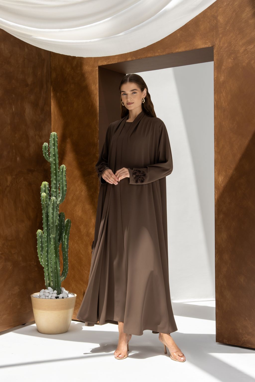 Selected Lines brown abaya with detailed cuffs for timeless modest evening wear
