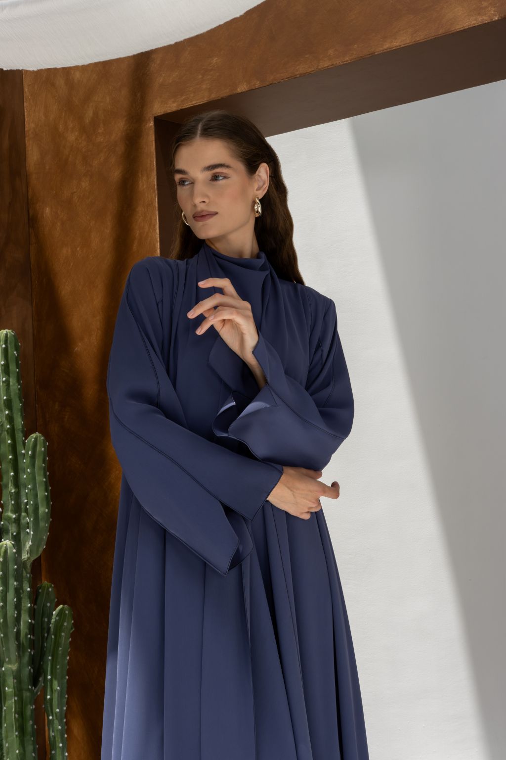 Selected Lines elegant long sleeve dress abaya in navy blue with relaxed fit and high neckline