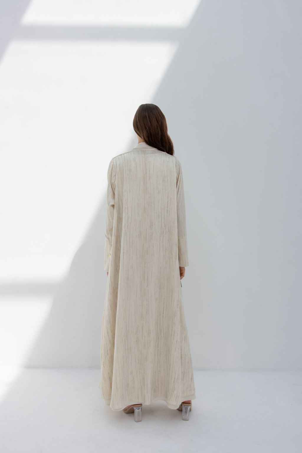 Selected Lines elegant printed abaya in beige with long sleeves and full length design