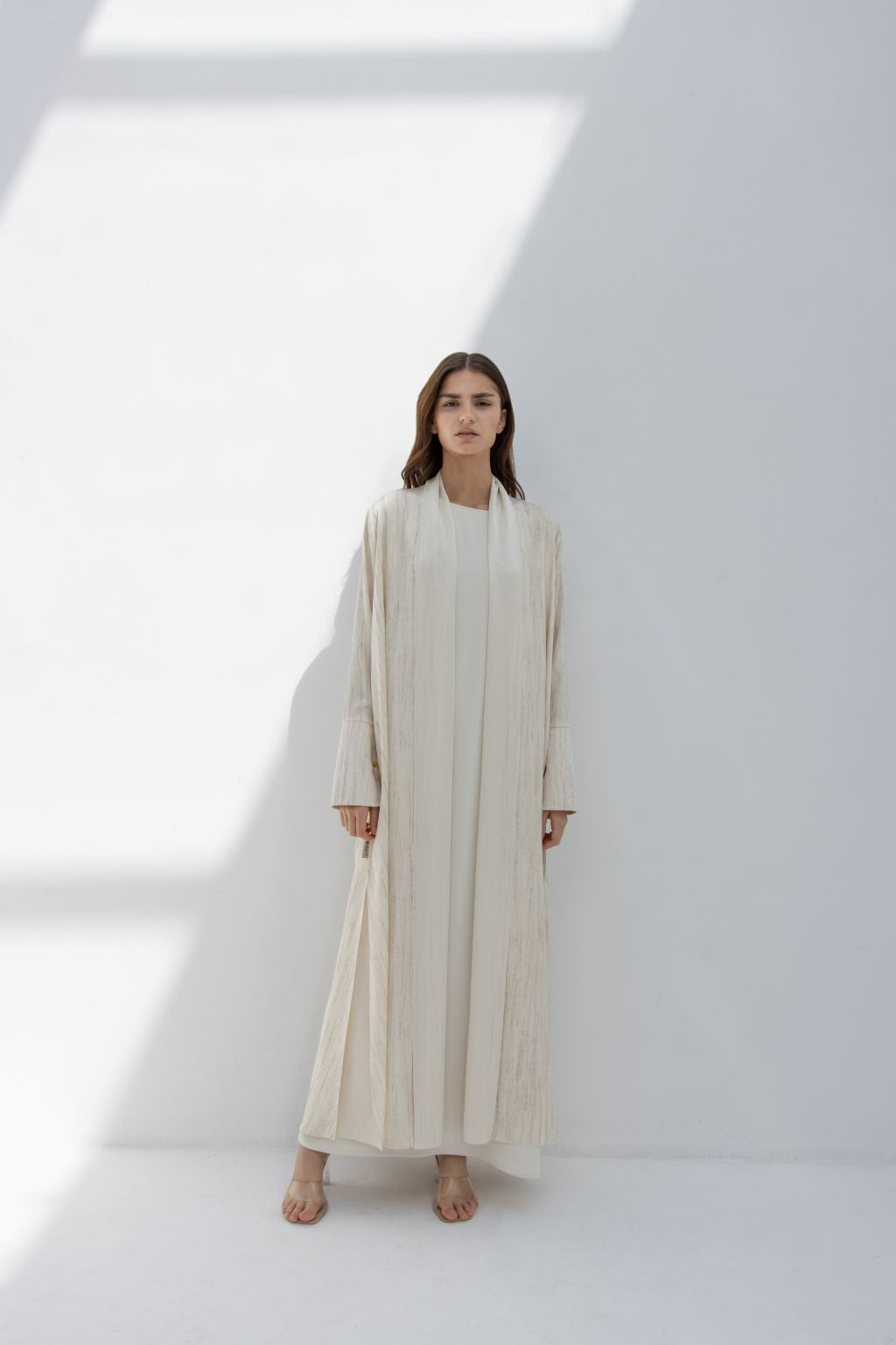 Selected Lines elegant printed abaya in light beige with long sleeves and modest design